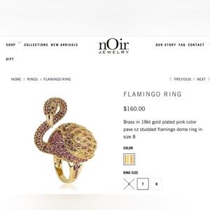 NWT nOir Jewelry 18kt Gold-plated Brass with Pink CZ Flamingo Ring Collection 7